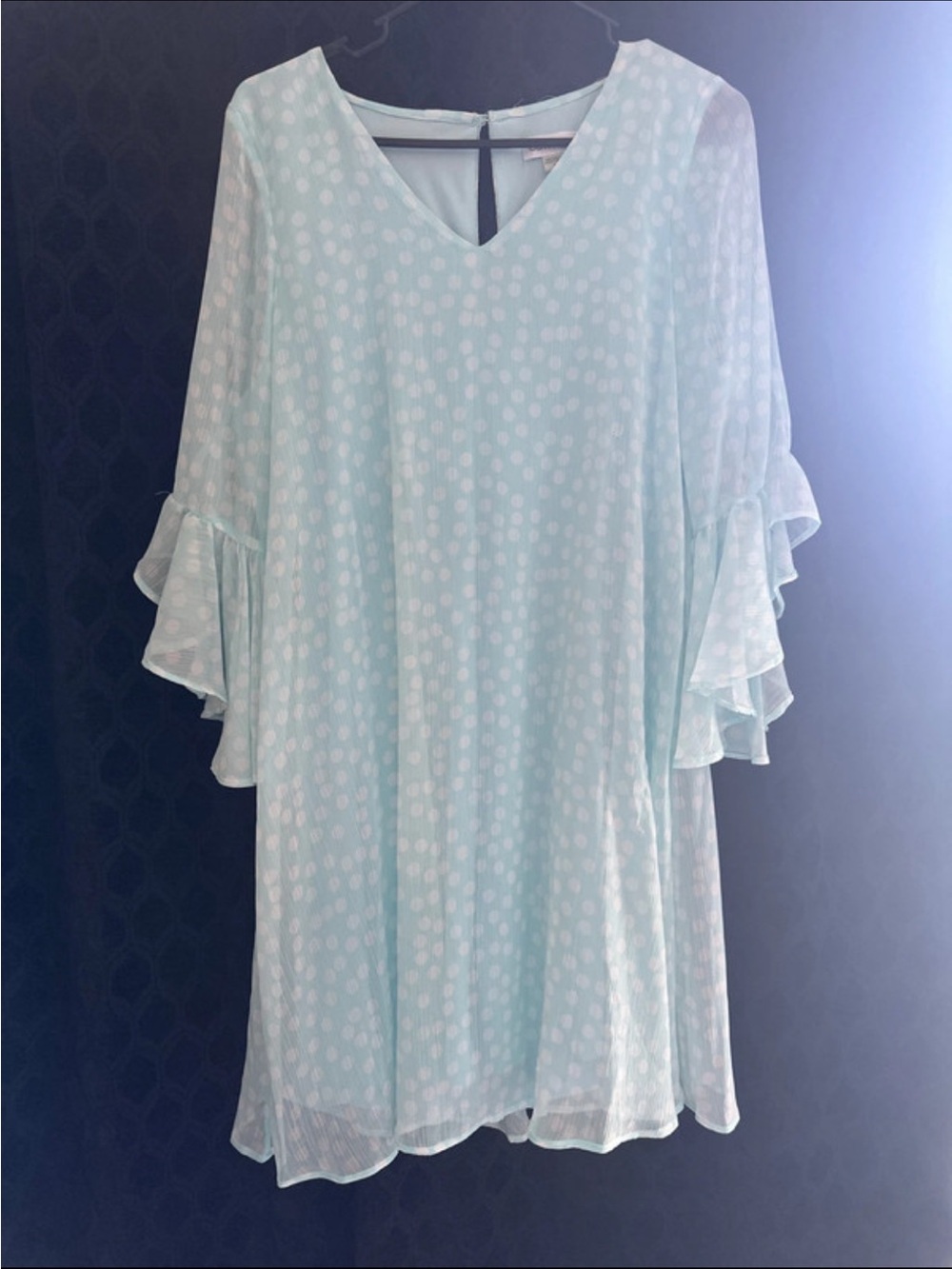 Calvin Klein Light Blue Dot V-Neck Ruffle Sleeve Tunic
